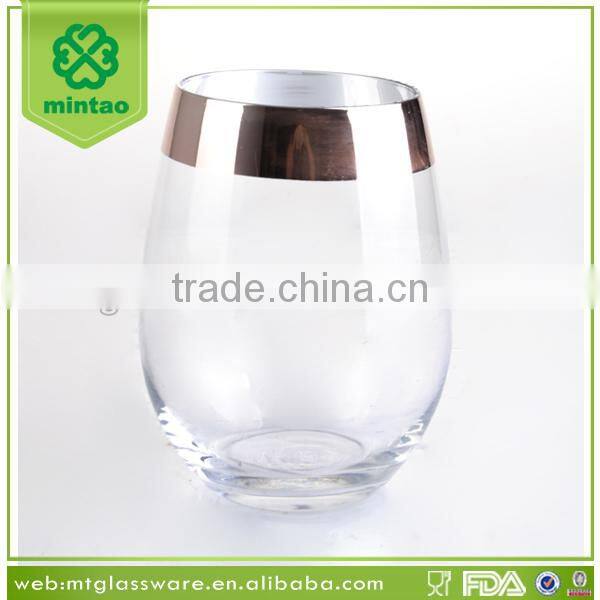 hand blown round glass wine decanter with gold rim