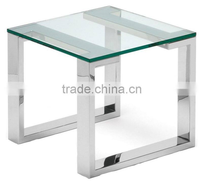 Square polished durable stainless steel living room end side table with glass