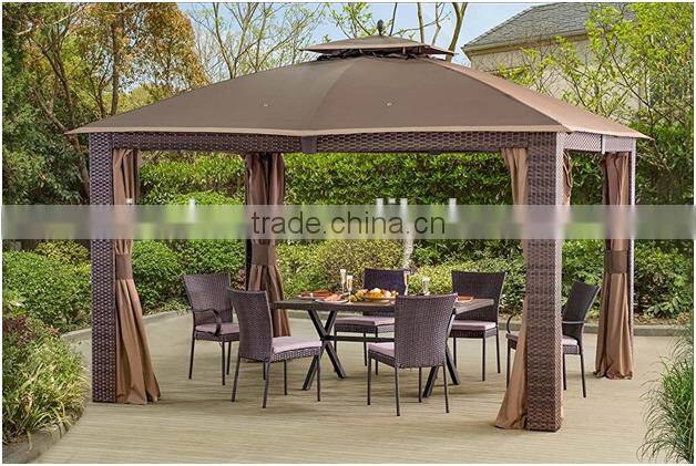 12' x 10' Wicker Gazebo, Large, Brown/Gold Trim