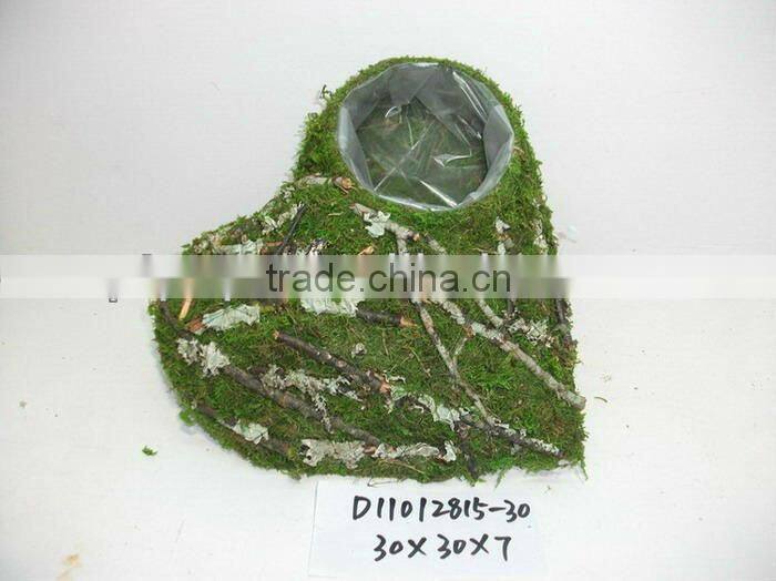 heart-shaped dark brown moss and sisal pot