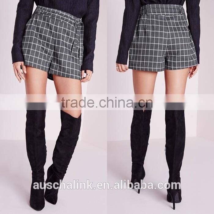 summer fashion grey double belted check cheap shorts OEM service