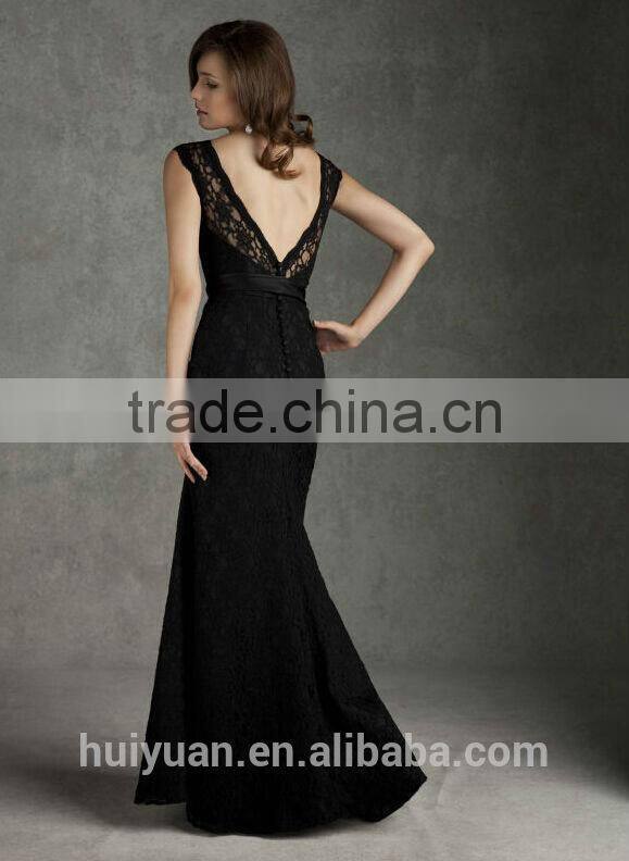 2015 fashion lace deep v neck open back long black evening dress