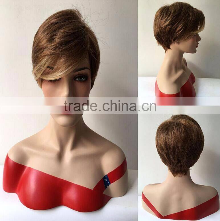 Women Party Short Straight Light Brown Natural Synthetic Full Wig American Women Synthetic Wigs