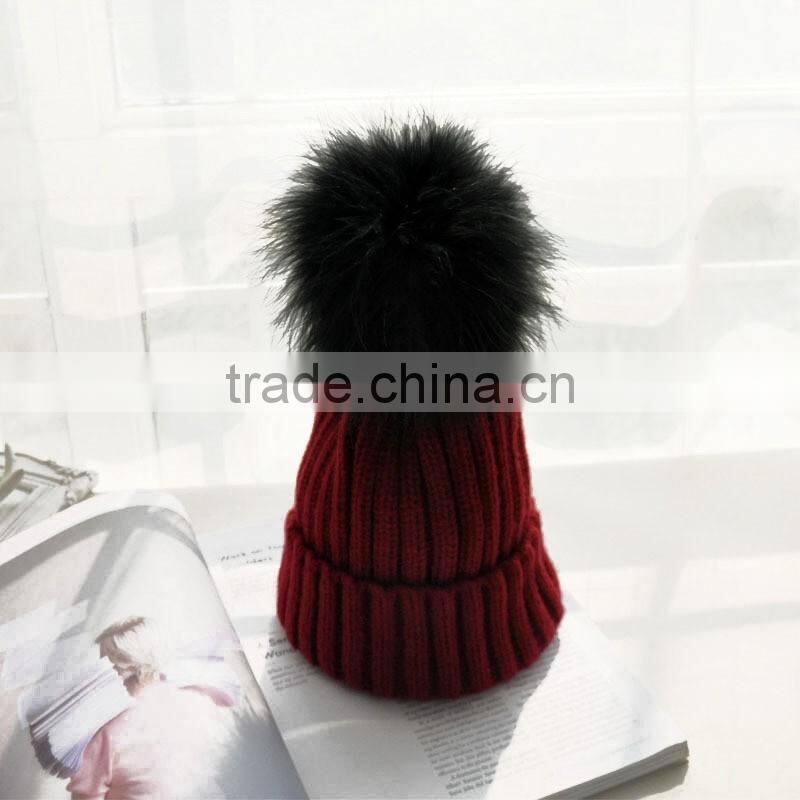 2016 Winter beanie Real Silver Fox Fur ball Knitting hat For Women Black Real Raccoon Fur ball Skullies