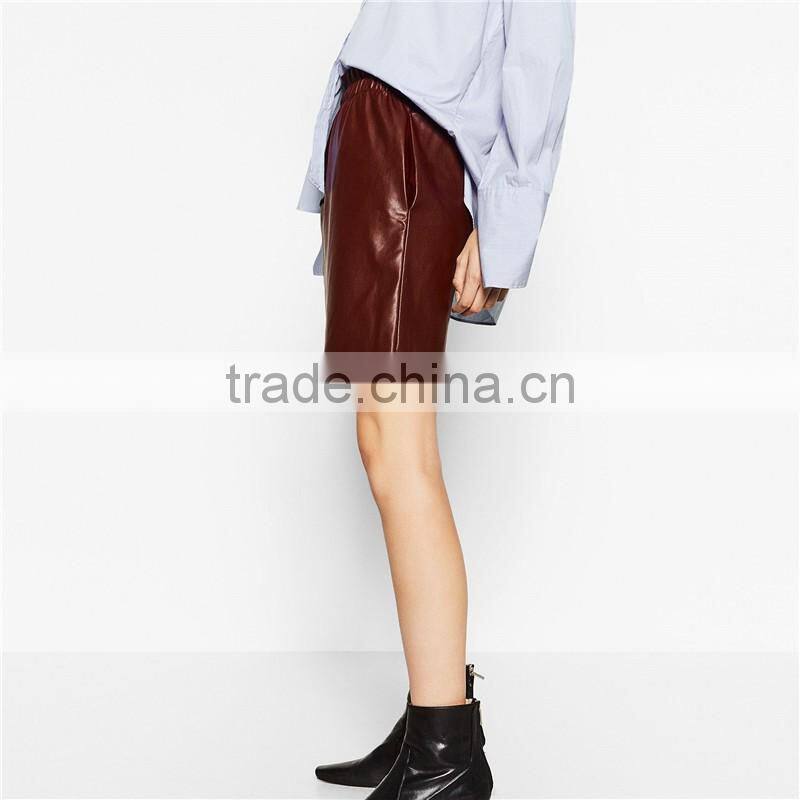 2017 OEM Spring Light-reflecting Faux Leather Elastic Waist Skirt