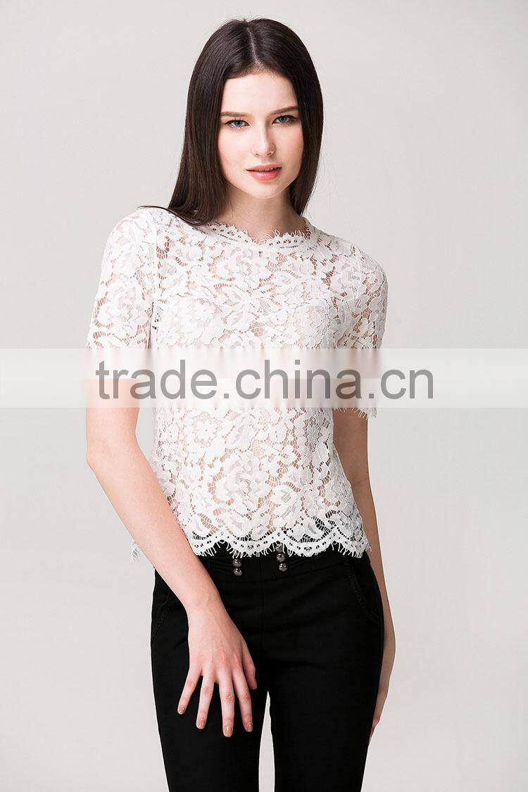latest summer loose casual white fashion crochet lace blouse for middle aged women