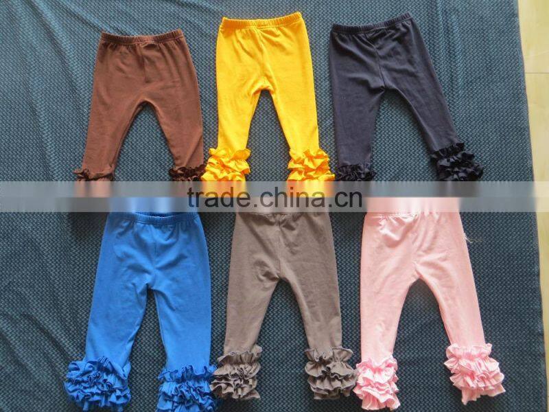 Wholesale cheap price children's boutique ruffled bottom pants kids capris light yellow triple ruffle baby girls pants XF-263