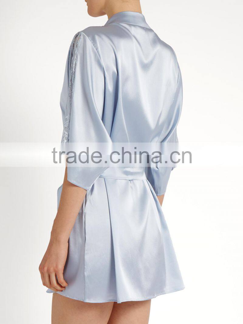 Latest Water Blue Soft Satin Night Robes Womens Half Long Sleeves Wrap Robes