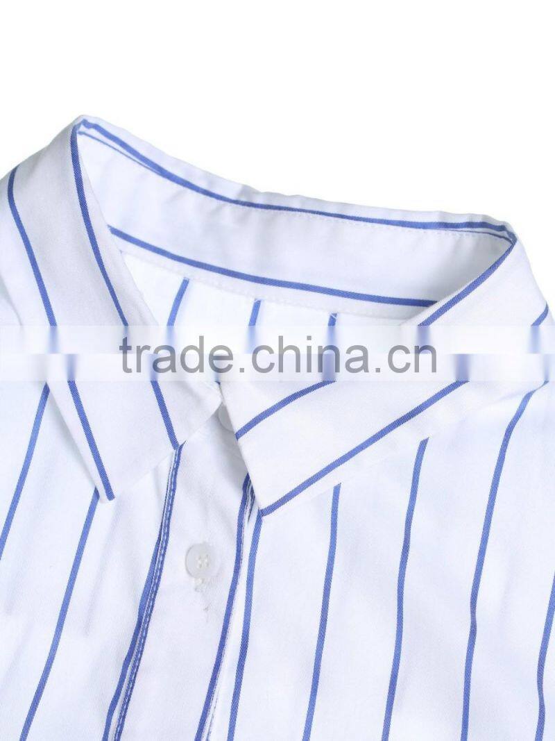 Women's 100% cotton blue and white stripe button-up long blouse/shirt dress in guangzhou