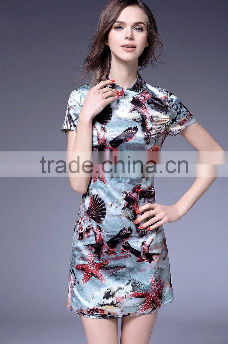 Chinese flow stand collar starfish bird slim fit thin qipao dresses