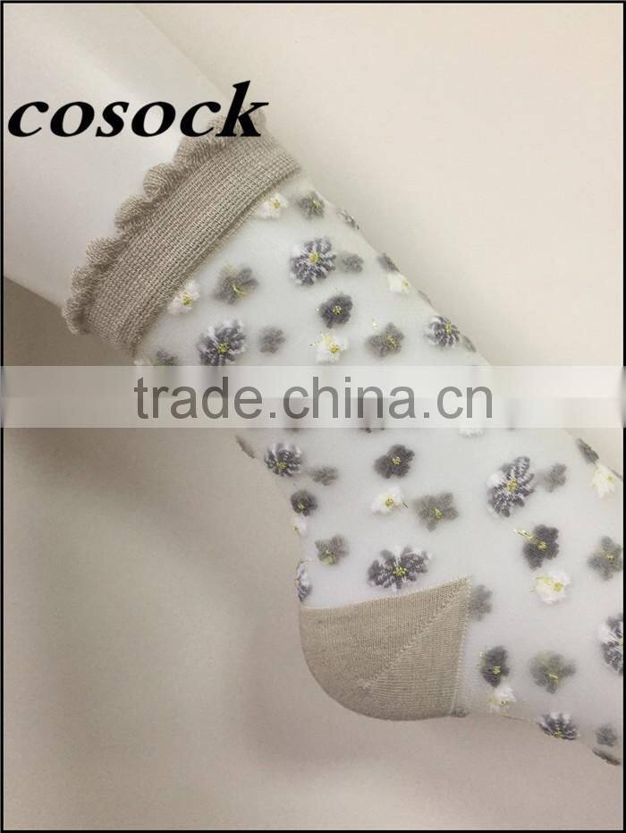 Flower jacqaurd women lovely ankle high transparent nylon summer socks