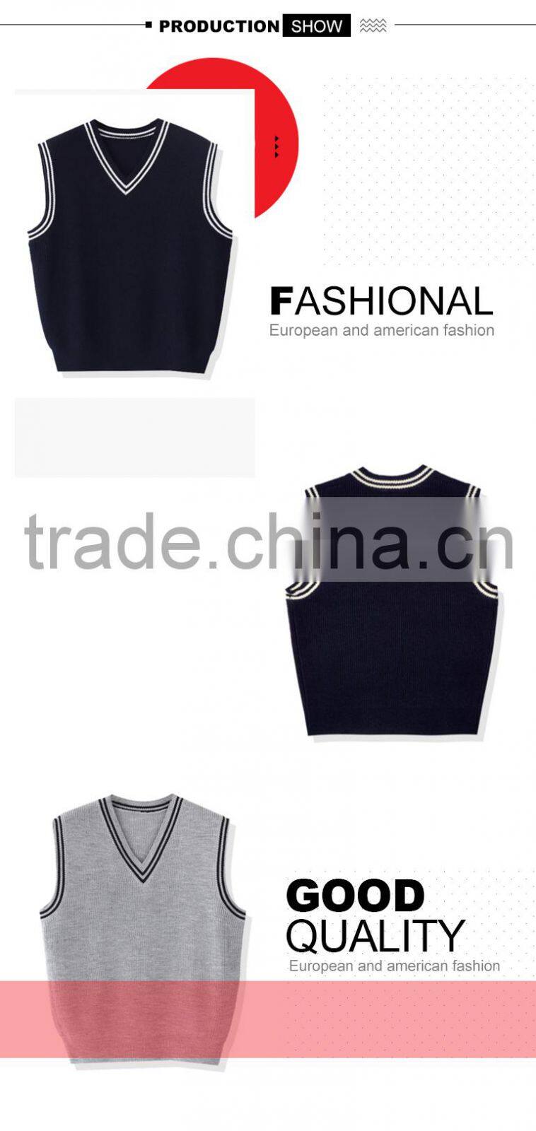 cool junior uniform V neck sleeveless sweater men vest cotton with two colors