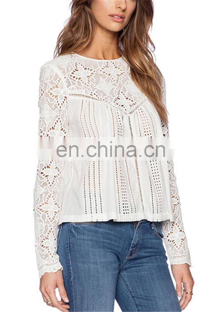 Fashion modeling long sleeve hollow-out white lace blouse, wholesale bohemian clothing burnout floral lace blouse for women