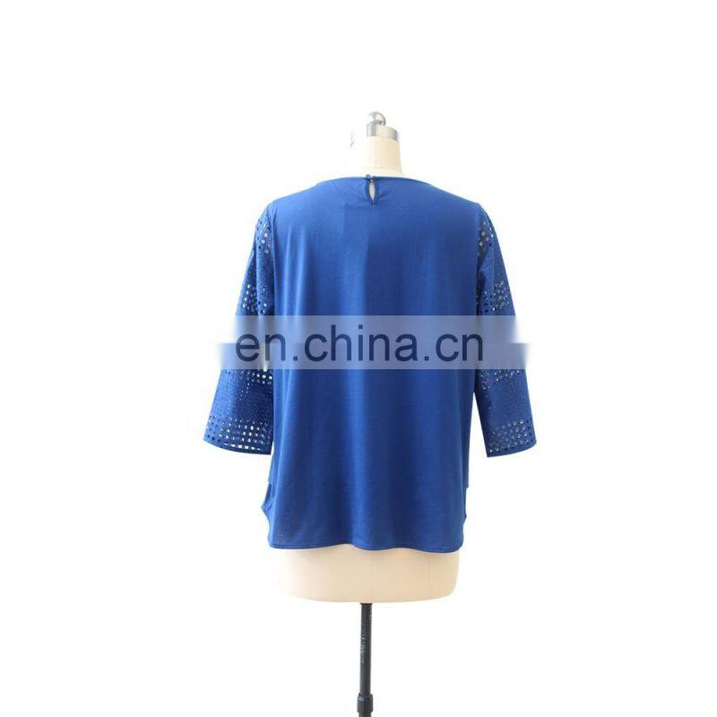 Hot sale spring three quarter sleeve womenn cotton embroidered blouse