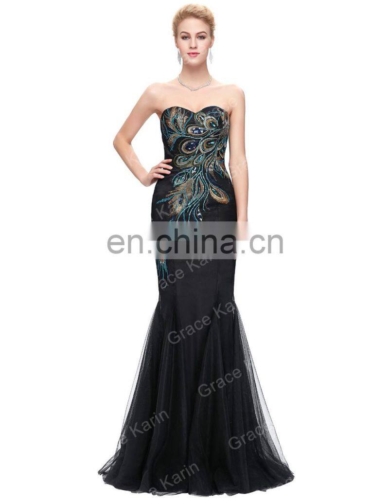 Grace Karin Full-Length Strapless Sweetheart Black Mermaid Peacock Prom Dress GK000080-1
