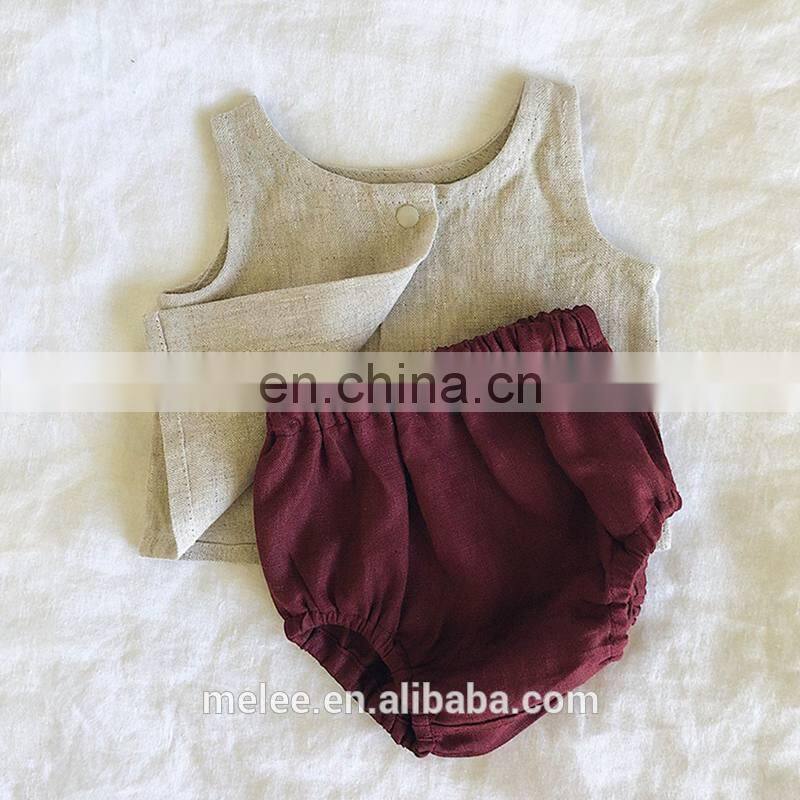 RTS Australia Hot Sale Baby Infant linen 2pcs Set Buttons Vest Tops Solid Bloomers Korean Girls Linen Outfits