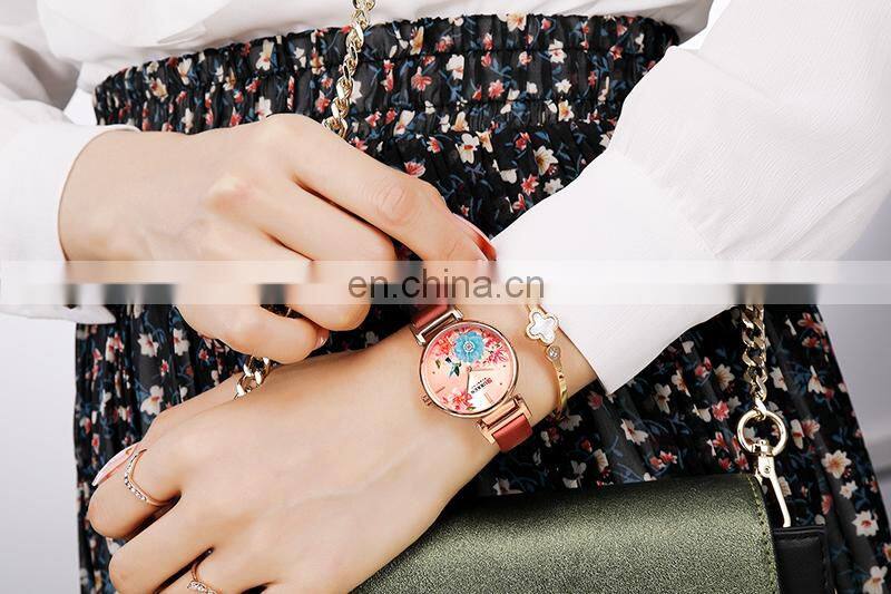 CURREN 9053 Women Charm Fashion Thin Quartz Watches Unique Flower Dial Simple Ladies Dress Bracelet Wristwatch