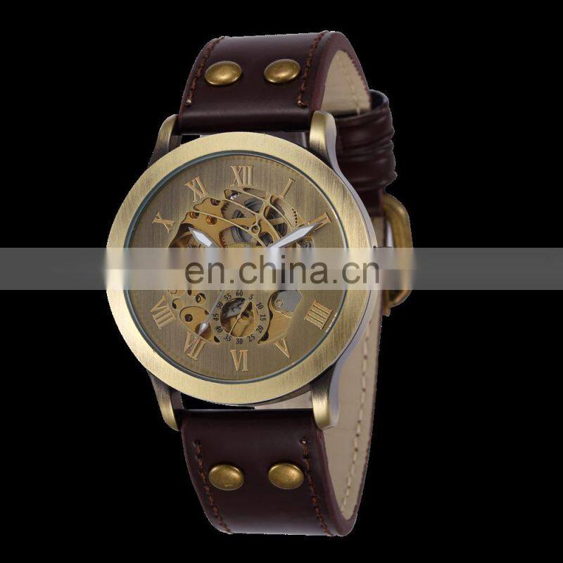 Shenhua 9269 Men Vintage Bronze Automatic Mechanical Skeleton Wristwatch Men's Leather Strap Mechanical Watch