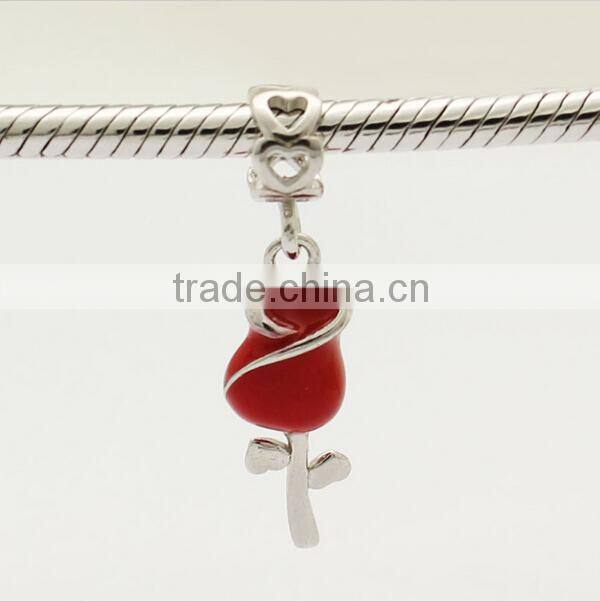 Valentines' Day 925 sterling silver rose dangle charms red enameled for DIY European bracelet jewelry