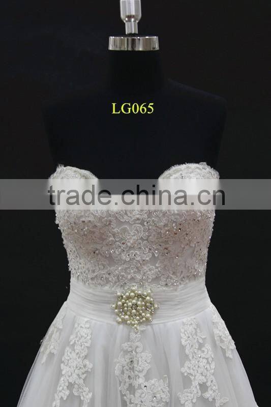 New beading lace appliques tulle drapping belt with beading trim sweetheart wedding dress