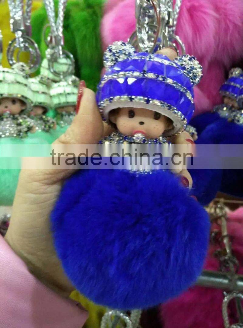 Wholesale New Designs Cute Multicolor Rhinestone Monchhichi Doll Rabbit Fur Ball Keychain