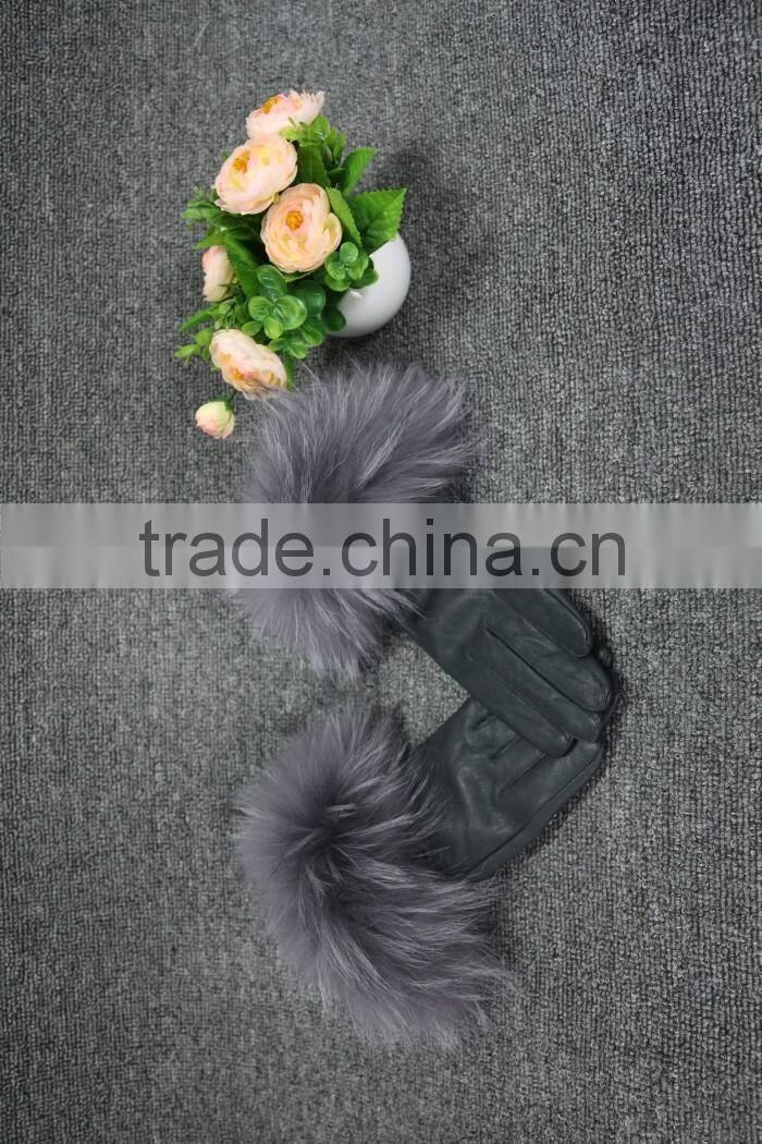 women classic elegant raccoom fur cuff trim sheep leather gloves