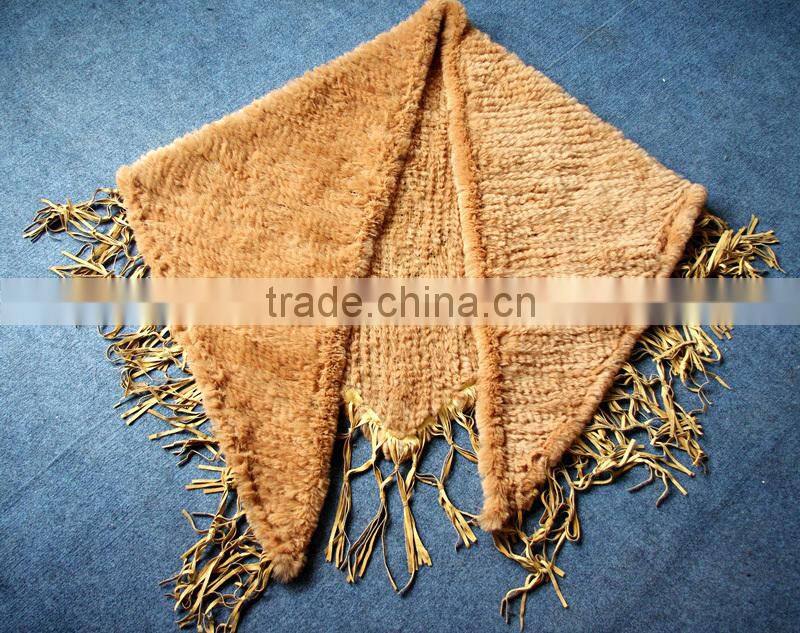 Knitted Rabbit fur shawl sale rabbit sheared fur with leather trim fringies,KZ14135