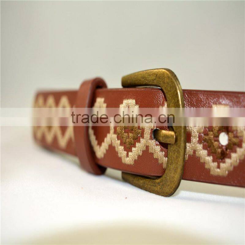 manufacturer antique brass buckle geometric embroidered pu leather belt for women