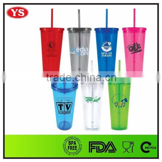 promotion custom double wall 24oz plastic insulated tumbler with straw