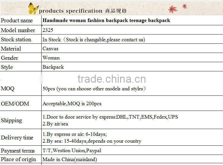 Handmade woman fashion backpack teenage backpack