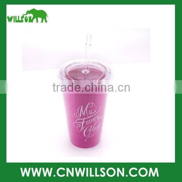 double wall drinking coffee plastic cup with straw