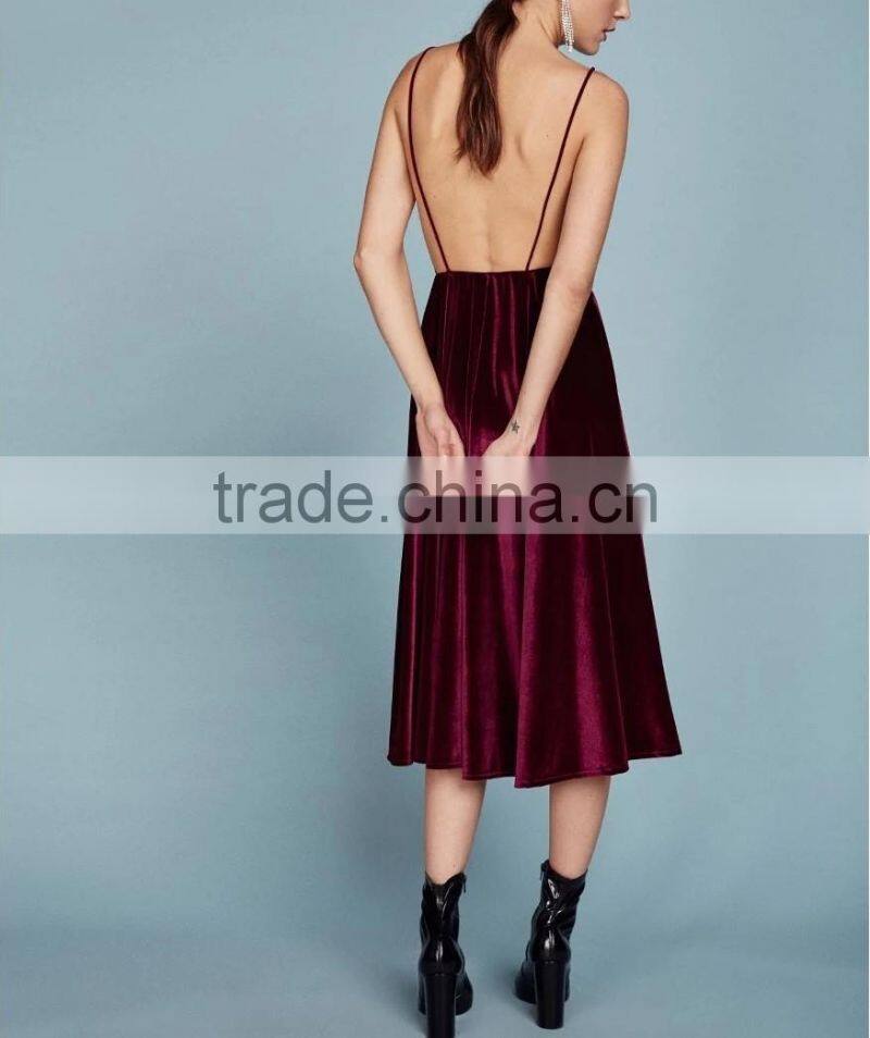 Sexy Low V-neckline Velvet Fabric Spaghetti Straps Cocktail Dress With Open Back Evening Party Gown 2016 HSD5799