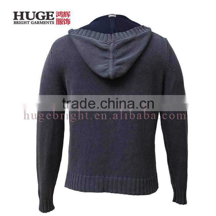 Denim-like Cotton Sweater Hoodie Cable Knit Mens Sweater