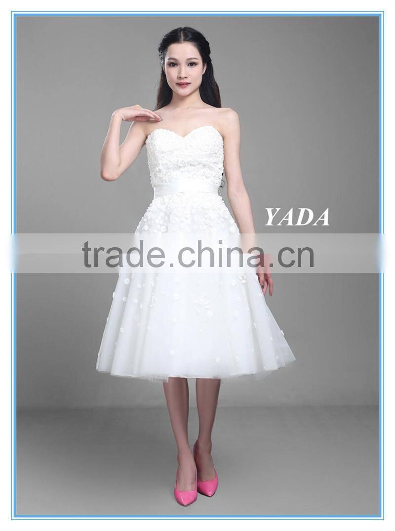 Pretty Off Shoulder Tulle Handmade Appliques Knee Length Wedding Dress