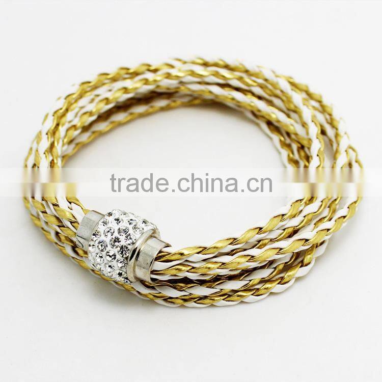 Leather Wrap Wristband Cuff Punk Magnetic Rhinestone Buckle Bracelet Bangle