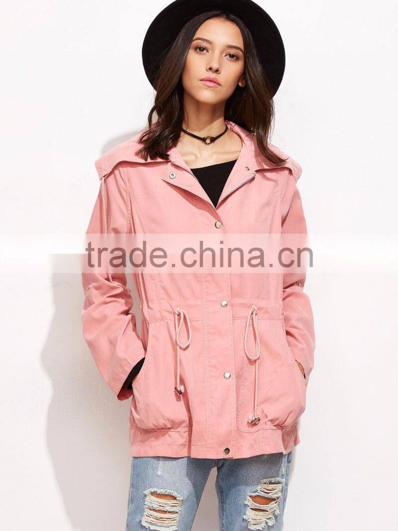OEM Latest Pink Wide Collar Cotton Jacket Drawstring Utility Jacket Zipper Tie Waist Winter Coat Customized