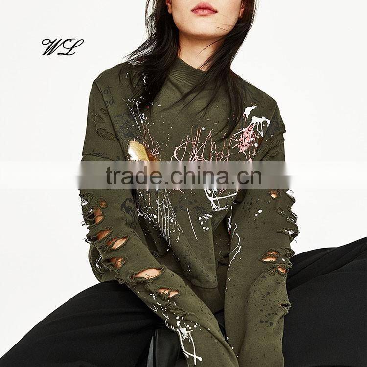 2017 Custom Distress Metallic Printed Lady Pullover Crewneck Plain Knit Fabric Sweatshirts
