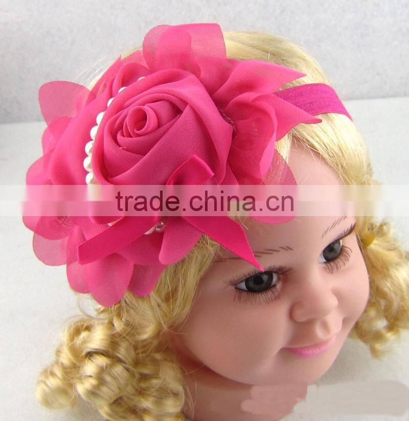 Newest 2014 roses pearl headbands baby children flowers hair accessories girls tire 13 color hair band headwrap hair ribbon