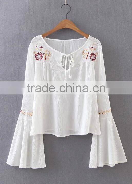 Runwaylover EY2366B Ladies Fashion Flare Sleeve Embroidery Blouse