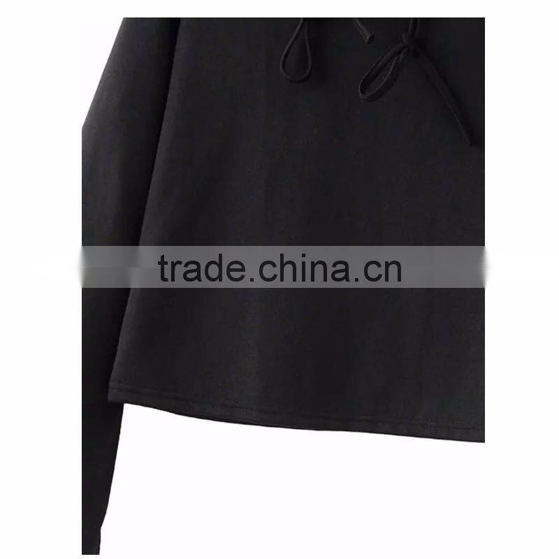 Regular Fit Black Flare Sleeve Cropped Drawstring Hoodie for Women