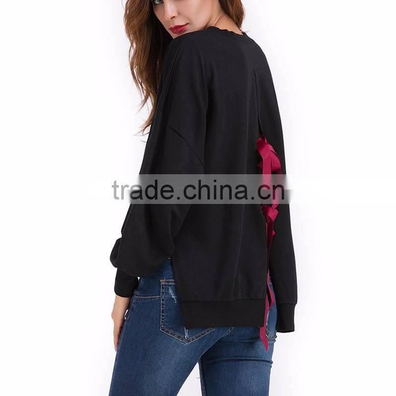Women Black Contrast Bowknot Dip Back Split Side Sweatshirt