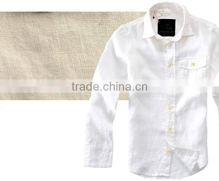 100%linen long sleeve khaki color shirts for men with spread collar and one pocket
