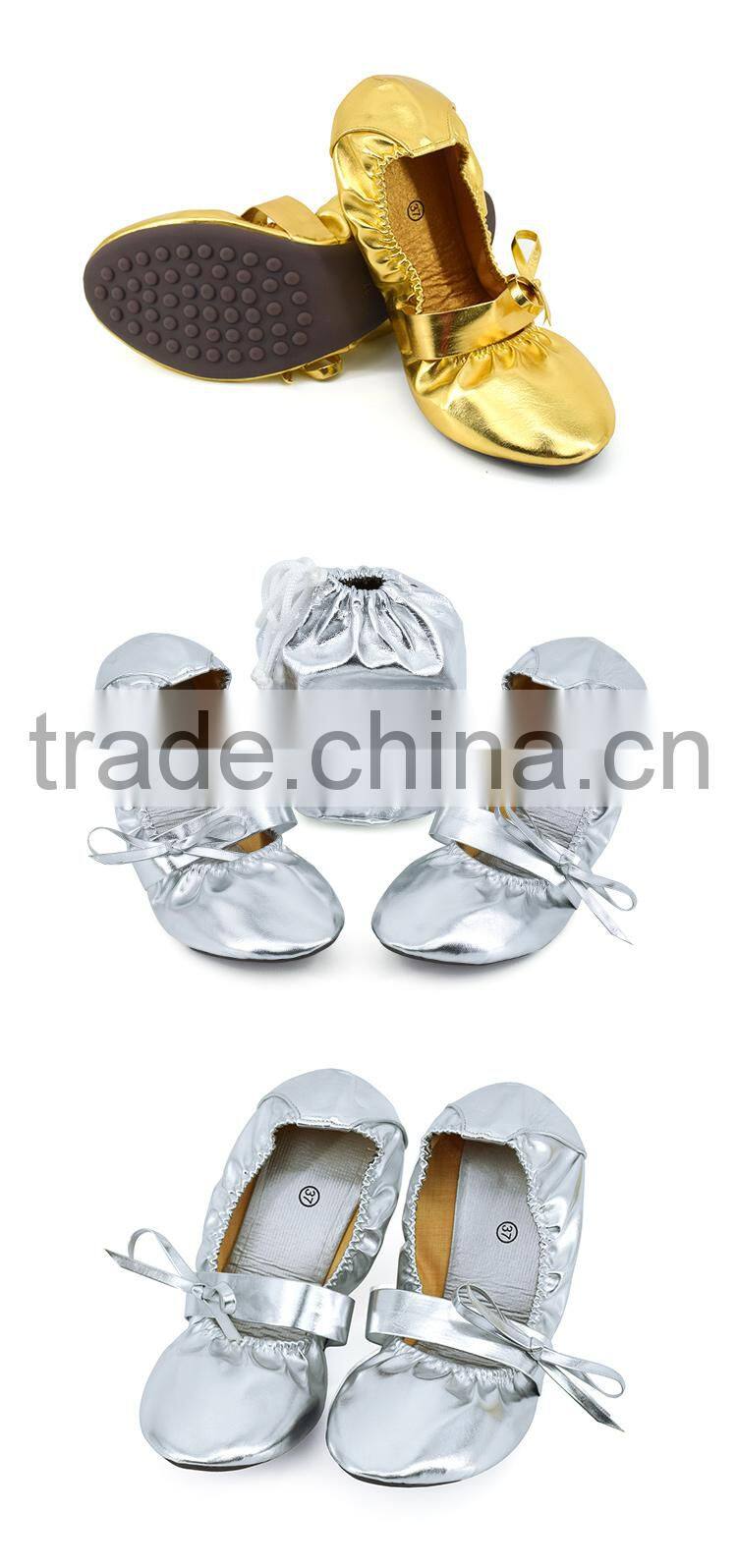 2017 shiny folding girls women soft ballet shoes PU ballet dance shoes