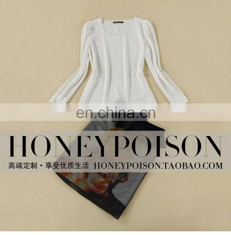 2014 Latest style long sleeve chiffon printed women dress