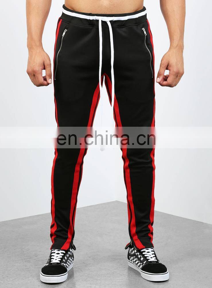 DiZNEW 2019 wholesale high quality usa 2 front zip pockets 2 back pockets men red track jeans pants with stripe