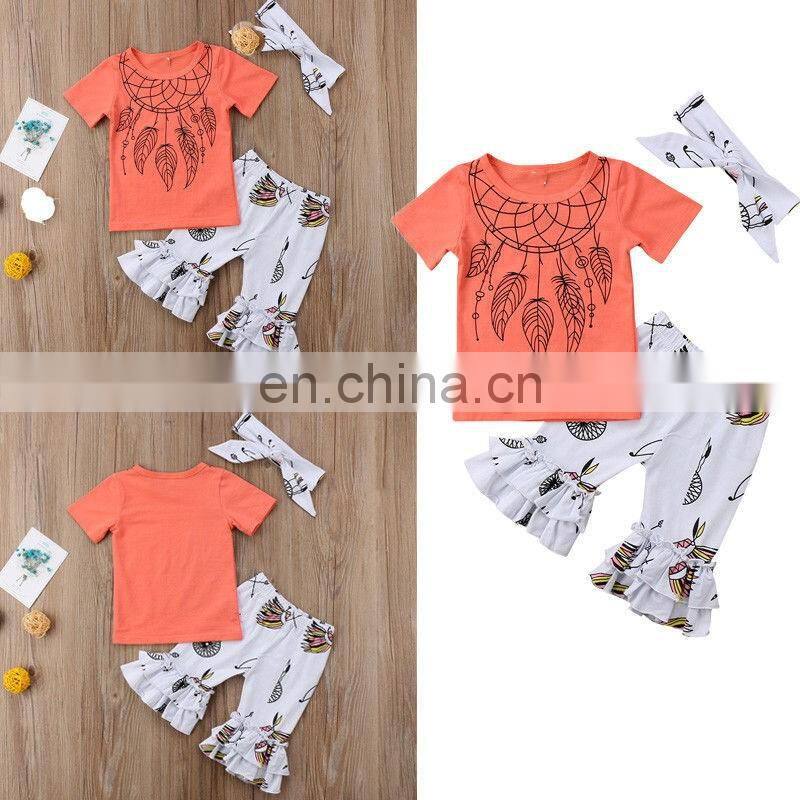 New Fashion Baby Girl Back To School Sets Cotton Aeolian Bells Printed Ruffle Kids Girl Boutique Outfits