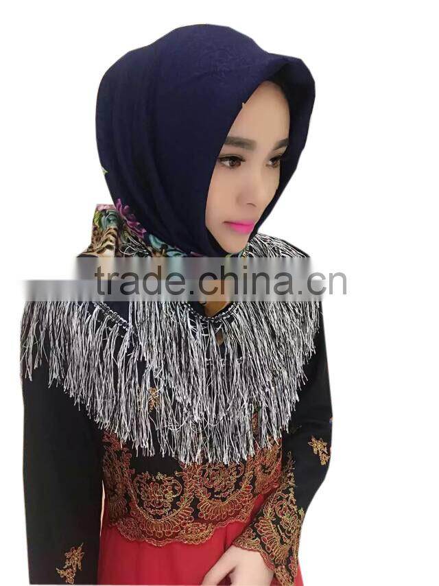 fashion islamic headscarf fringer print flower french cotton muslim square scarf for women