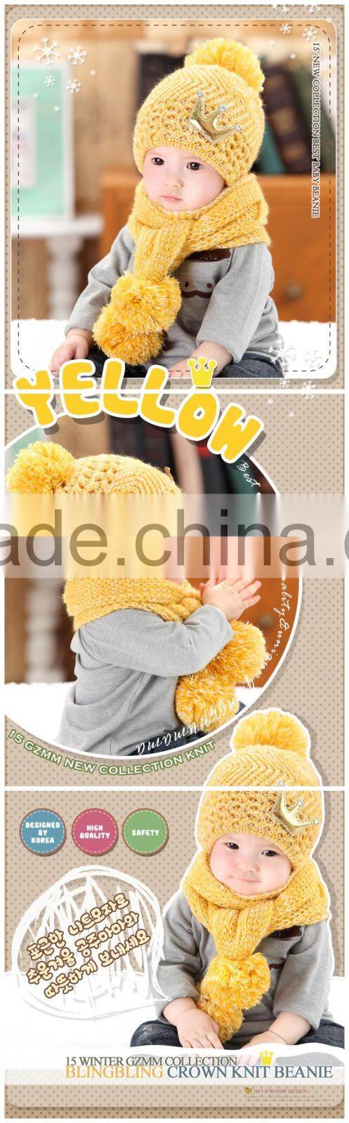 High Quality Fashion Korean Golden Crown Applique Knitted Kids Baby Hat Scarf Set