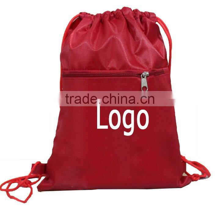 Blank logo canvas, polyester drawstring backpack bag with front pocket