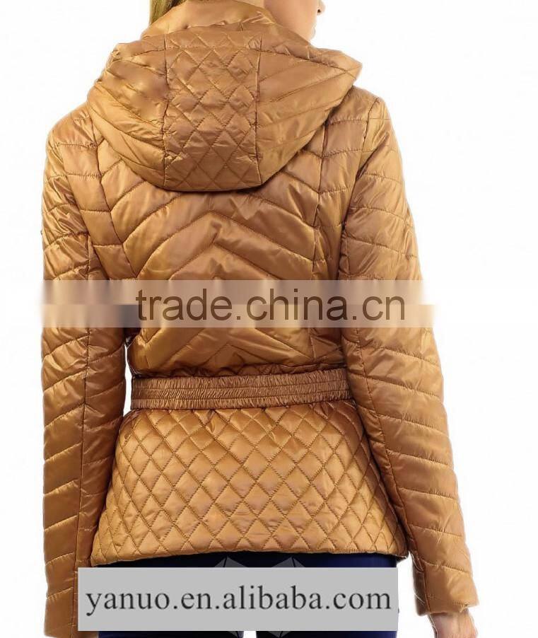 young women winter quilting jacket with belt